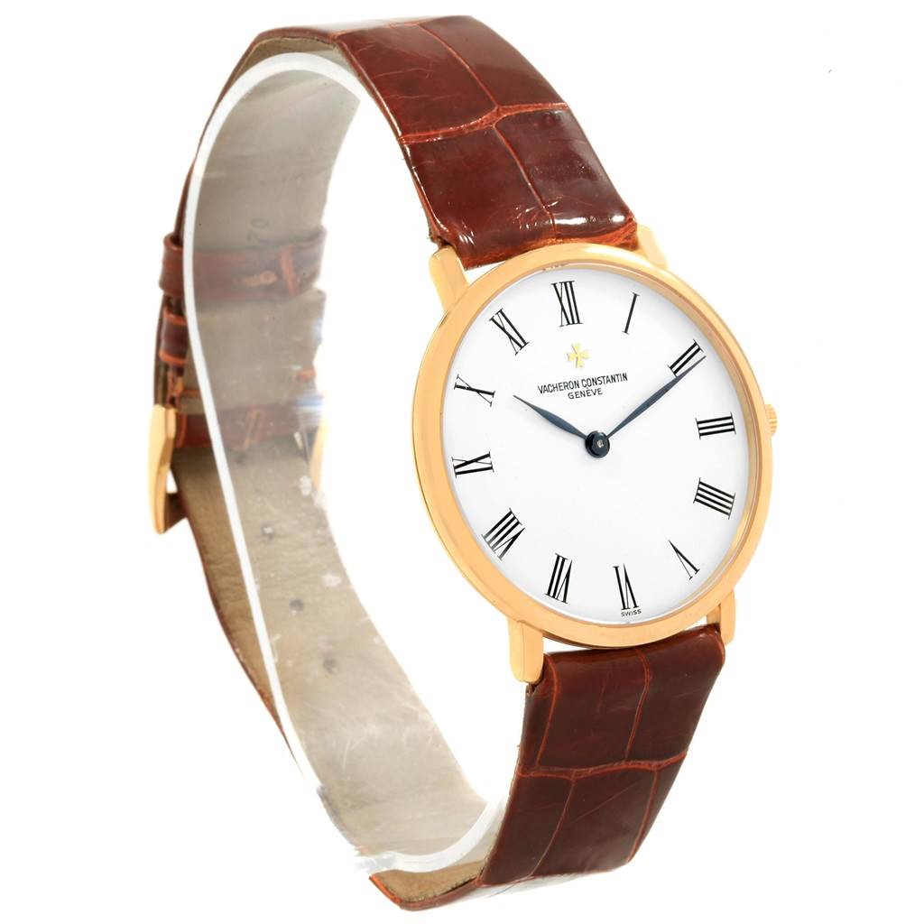 The image shows a Vacheron Constantin Patrimony 31160 Men
s Yellow Gold White Dial 31160 Men
s Yellow Gold White Dial watch at an angled side view, displaying the face, strap, and buckle.