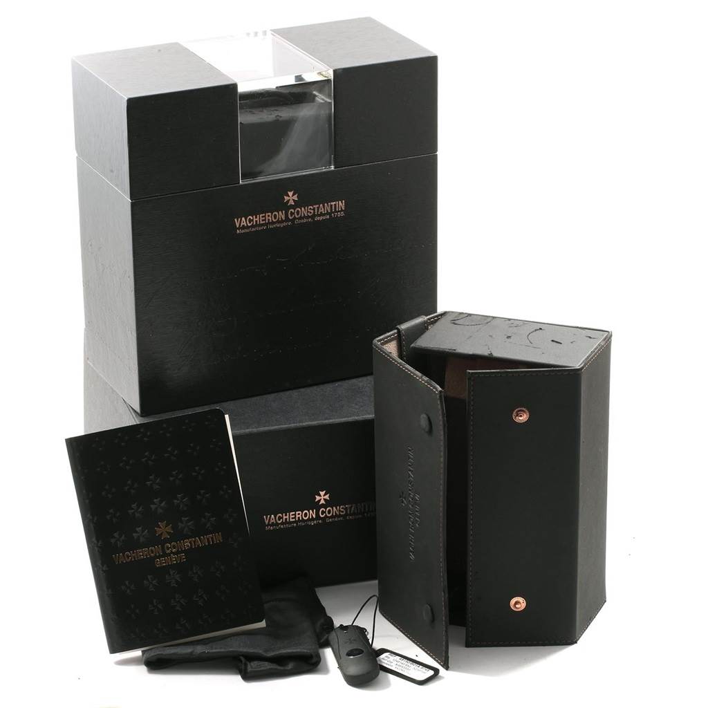 This image shows the watch box, outer packaging, and accessories for the Vacheron Constantin Overseas 49150.B01A.9745 Men's Stainless Steel Blue Dial 49150.B01A.9745 Men's Stainless Steel Blue Dial model.