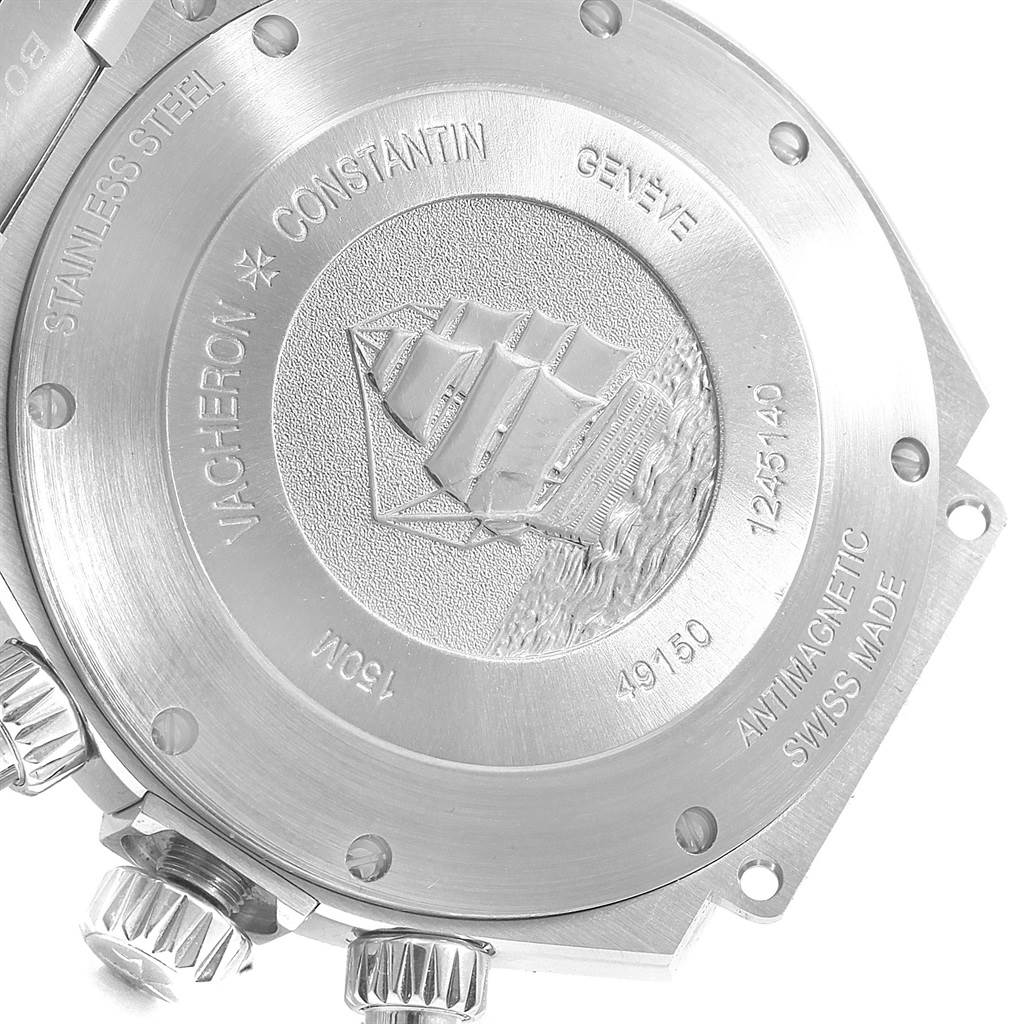 The image shows the back case of a Vacheron Constantin Overseas 49150.B01A.9745 Men's Stainless Steel Blue Dial 49150.B01A.9745 Men's Stainless Steel Blue Dial watch, highlighting the engraved details and screws.