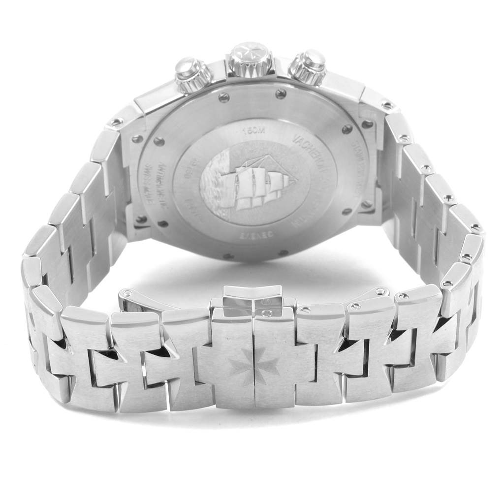 This image shows the back case and bracelet clasp of a Vacheron Constantin Overseas 49150.B01A.9745 Men's Stainless Steel Blue Dial 49150.B01A.9745 Men's Stainless Steel Blue Dial watch.