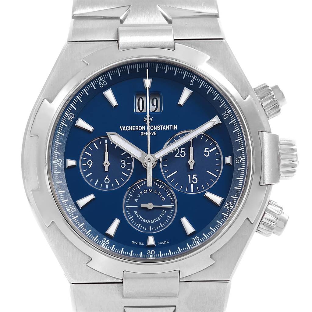 The Vacheron Constantin Overseas 49150.B01A.9745 Men's Stainless Steel Blue Dial 49150.B01A.9745 Men's Stainless Steel Blue Dial watch is shown from a front angle, highlighting its blue dial and stainless steel bracelet.