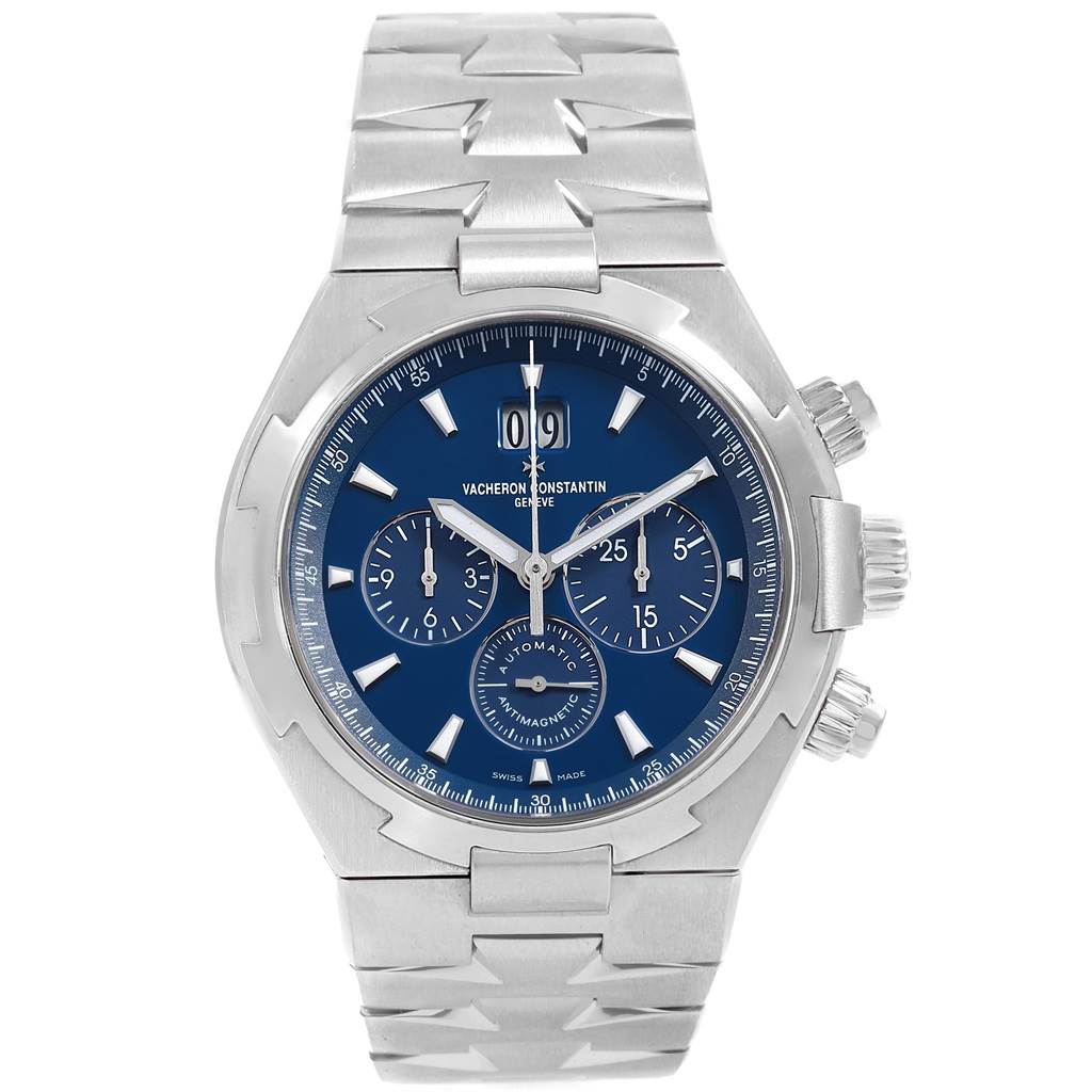 The image shows a frontal view of a Vacheron Constantin Overseas 49150.B01A.9745 Men's Stainless Steel Blue Dial 49150.B01A.9745 Men's Stainless Steel Blue Dial model watch, highlighting its blue dial and silver bracelet.
