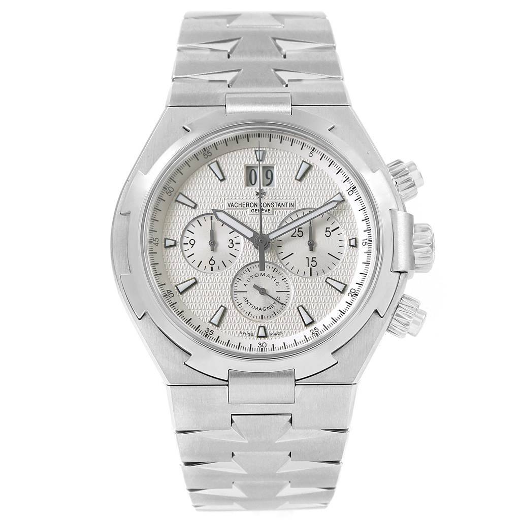 The image shows a front view of the Vacheron Constantin Overseas Men's Stainless Steel Silver Dial Men's Stainless Steel Silver Dial watch, displaying its dial, bracelet, and side buttons.