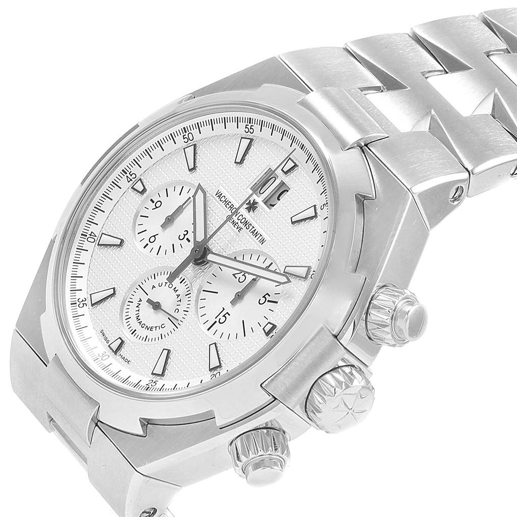 The Vacheron Constantin Overseas Men's Stainless Steel Silver Dial Men's Stainless Steel Silver Dial watch is shown at a slight angle, highlighting the face, crown, and part of the bracelet.
