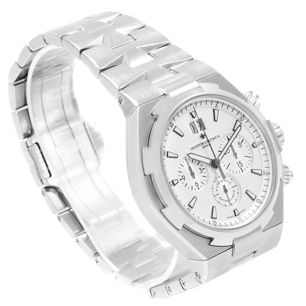 The image shows a side angle of the Vacheron Constantin Overseas Men's Stainless Steel Silver Dial Men's Stainless Steel Silver Dial watch, highlighting its dial, chronograph, and stainless steel bracelet.