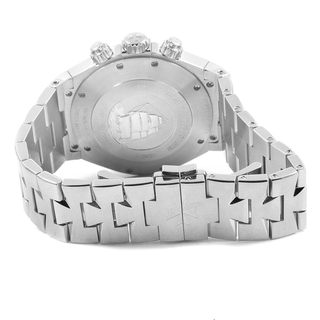 The image shows the back case and bracelet of the Vacheron Constantin Overseas Men's Stainless Steel Silver Dial Men's Stainless Steel Silver Dial model watch in a rear view.