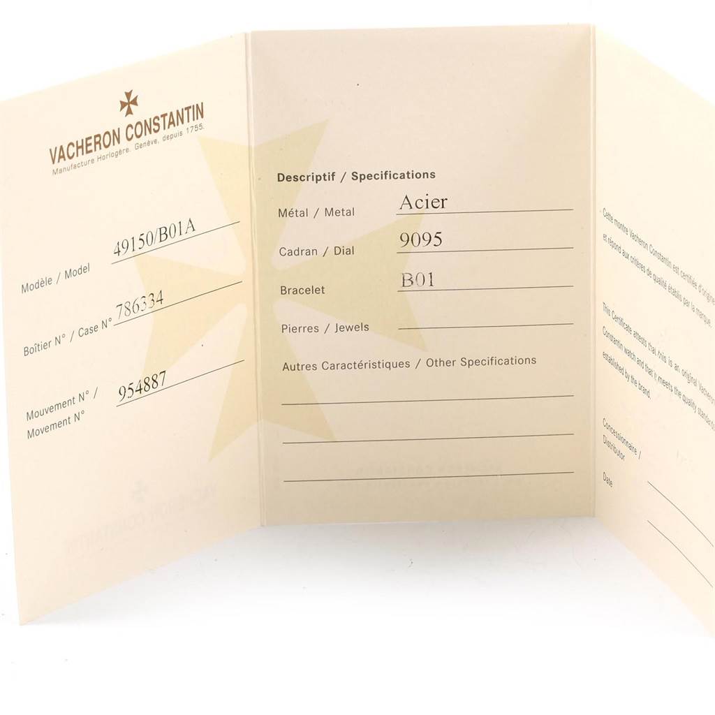 The image shows a folded certificate with specifications for a Vacheron Constantin Overseas Men's Stainless Steel Silver Dial Men's Stainless Steel Silver Dial model watch.