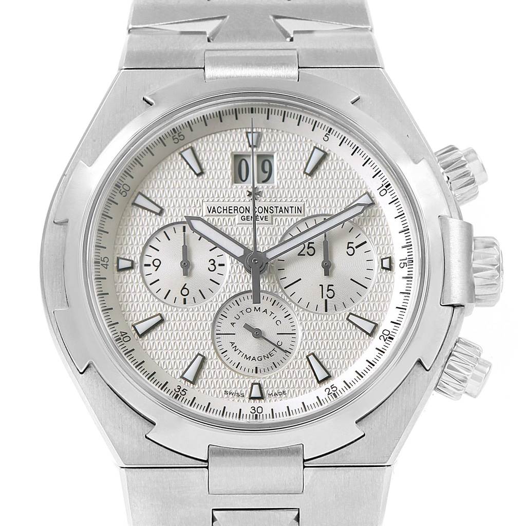 The image shows a Vacheron Constantin Overseas Men's Stainless Steel Silver Dial Men's Stainless Steel Silver Dial model watch from a front angle, highlighting the dial, bezel, and part of the bracelet.