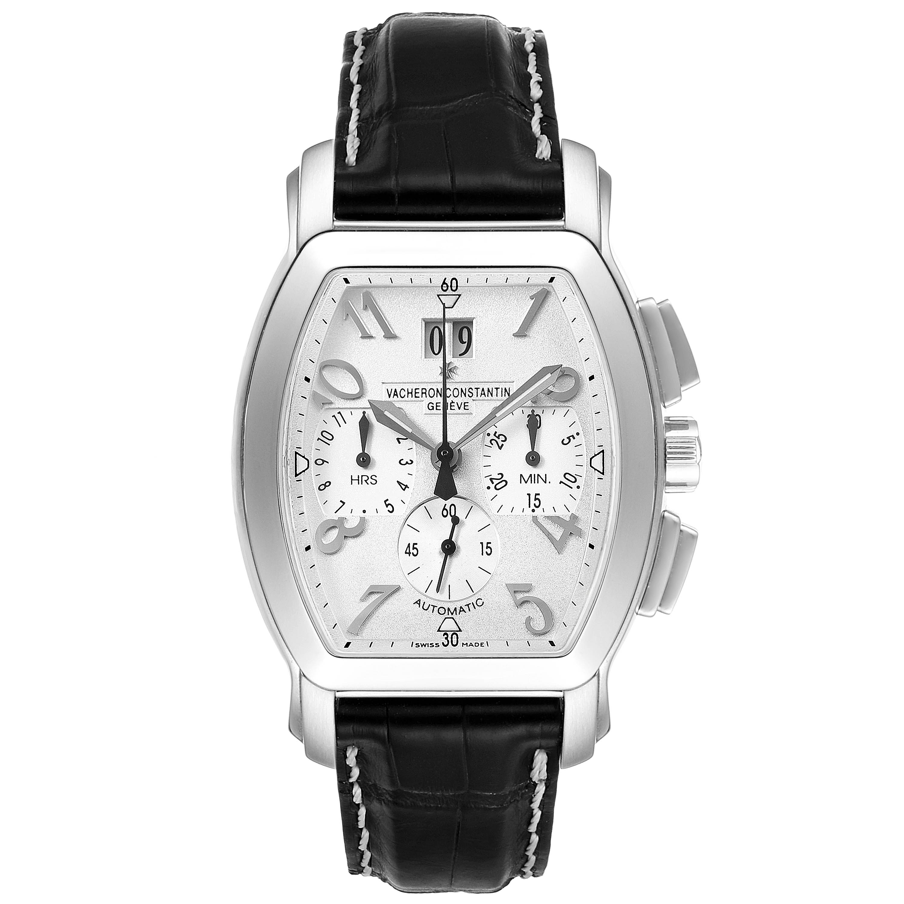 The image shows a Vacheron Constantin Vintage model watch from a front angle, highlighting its face and black leather strap.