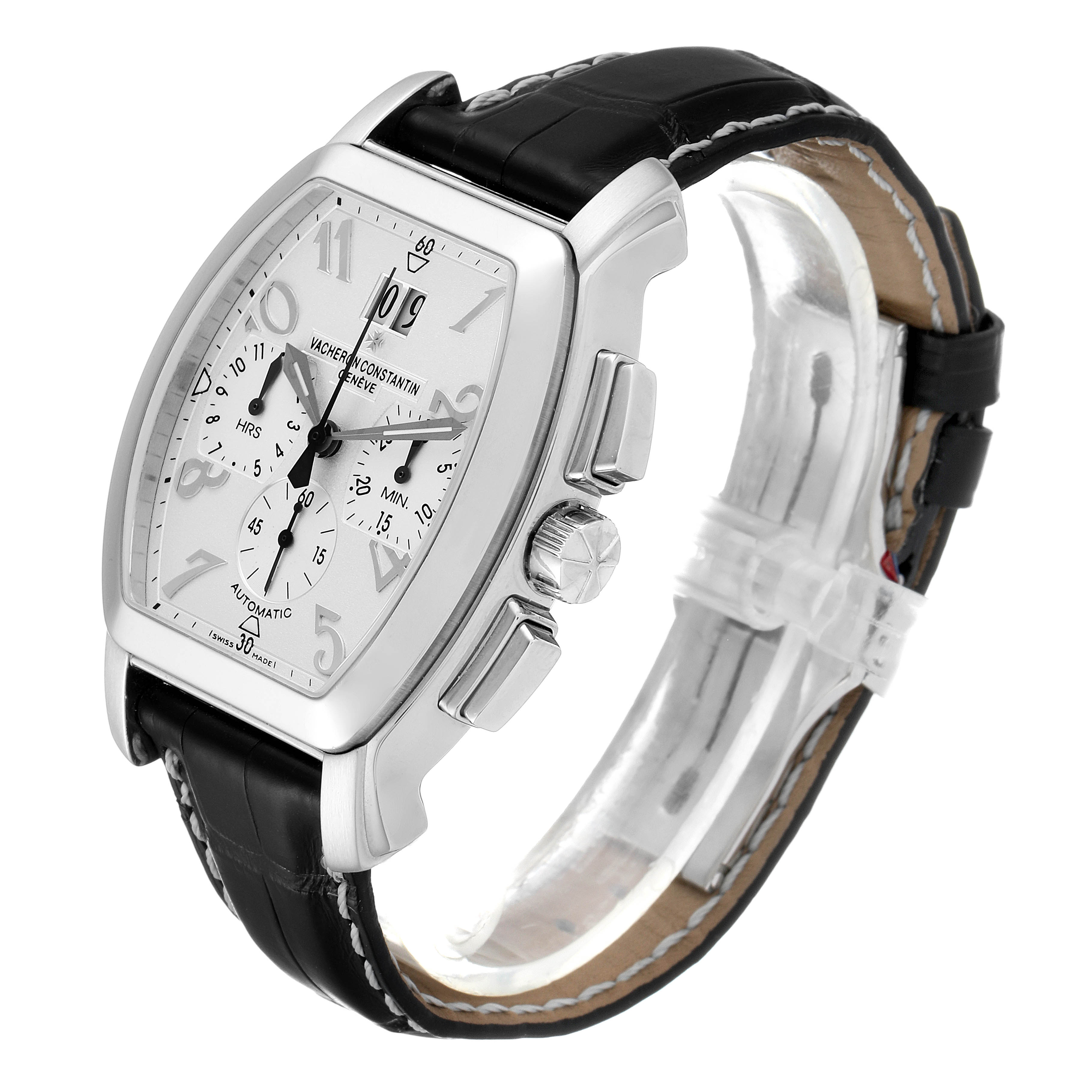 The Vintage Vacheron Constantin watch is shown at a three-quarter angle, highlighting its face, crown, pushers, and black leather strap.