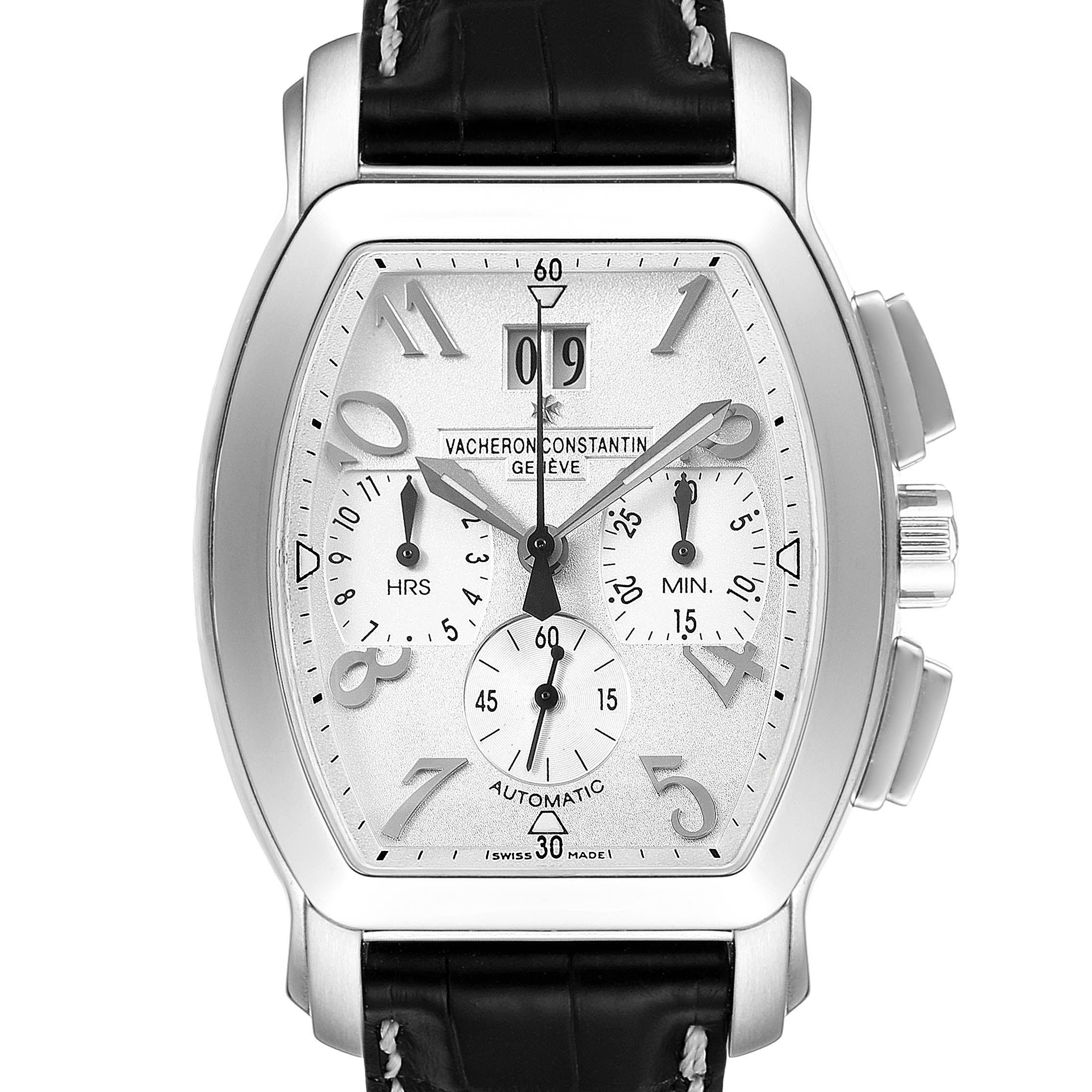 The image shows a front view of the Royal Eagle model watch by Vacheron Constantin, displaying the dial, sub-dials, and leather strap.