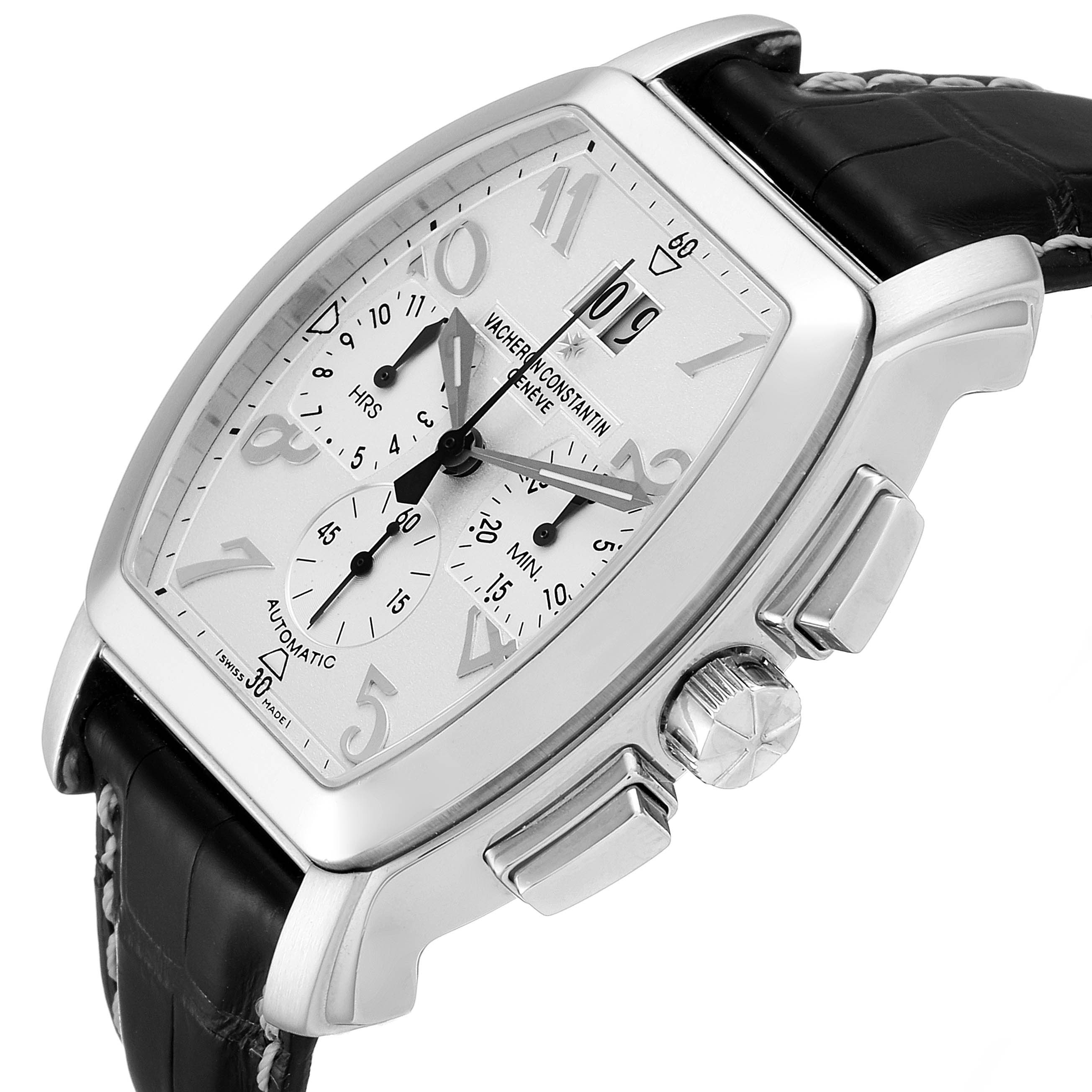 The image shows a Vacheron Constantin Vintage model watch at a slight side angle, highlighting the dial, crown, pushers, and leather strap.