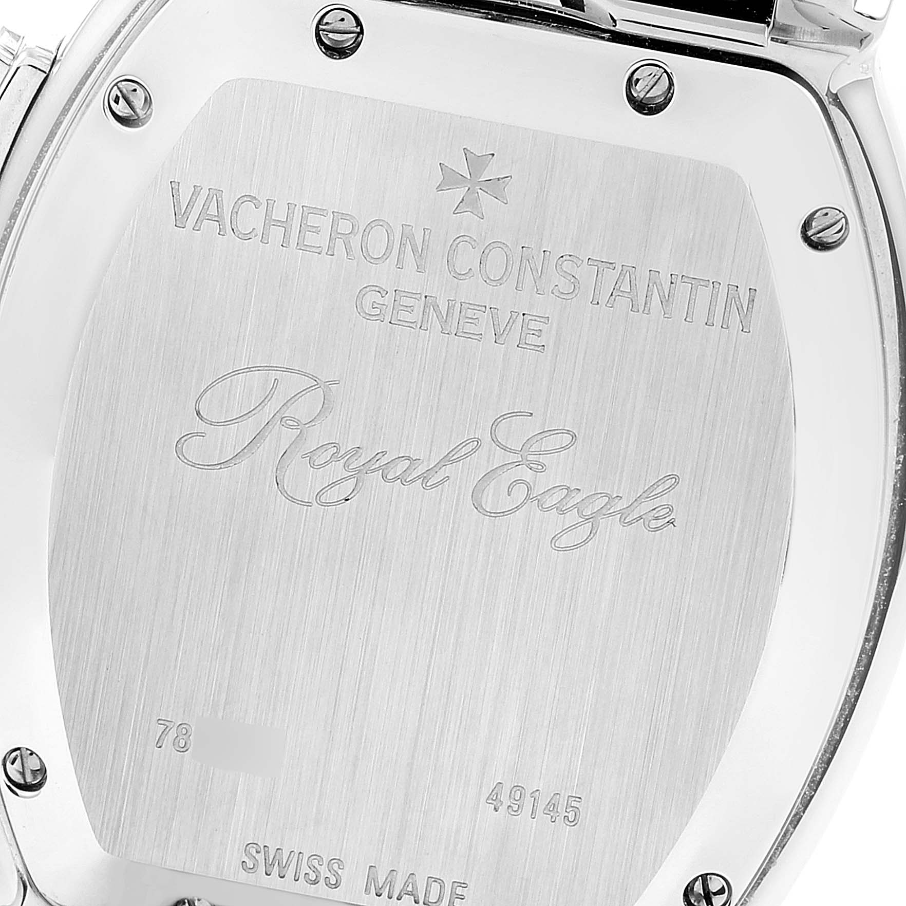 The image shows the back case of a Vintage Vacheron Constantin Royal Eagle 49145 Men's Stainless Steel Silver Dial 49145 Men's Stainless Steel Silver Dial watch.