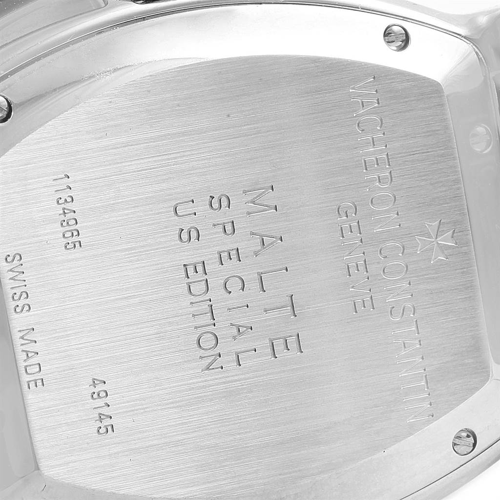 This image shows the case back of a Vacheron Constantin Malte Special US Edition watch, displaying engravings and screws.