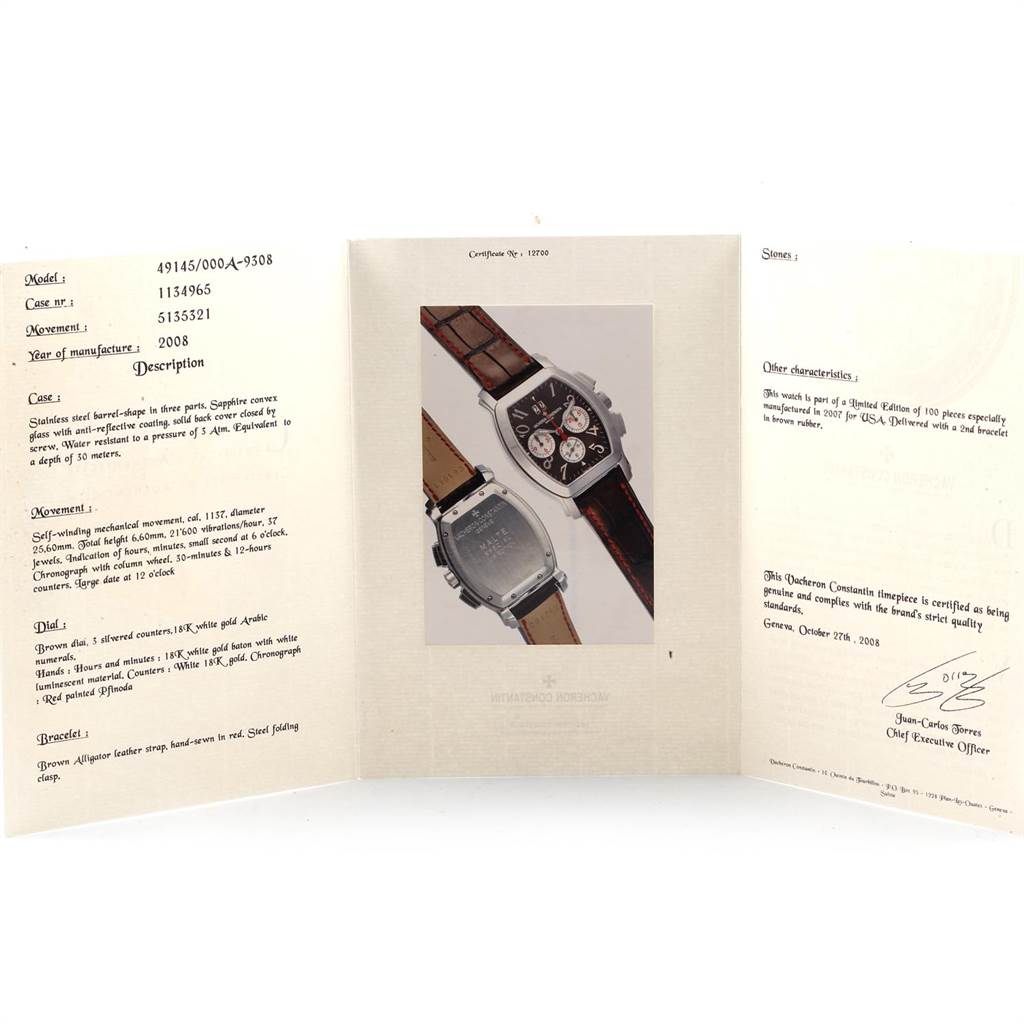 The image shows the front and back view of a Vacheron Constantin Malte model watch, along with its certificate and details.
