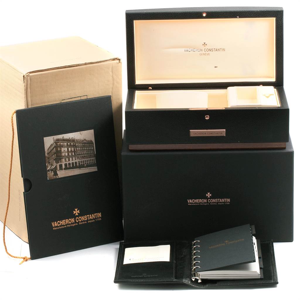 The image shows packaging and documentation for a Vacheron Constantin Malte model, including the box and papers.