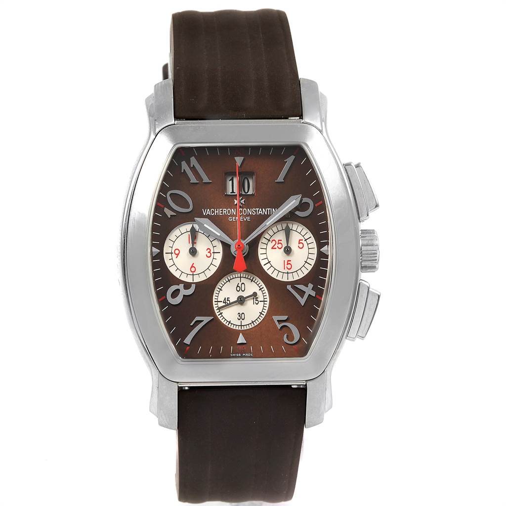 This Vacheron Constantin Malte model watch is shown from a front angle, displaying its face, strap, and side buttons.