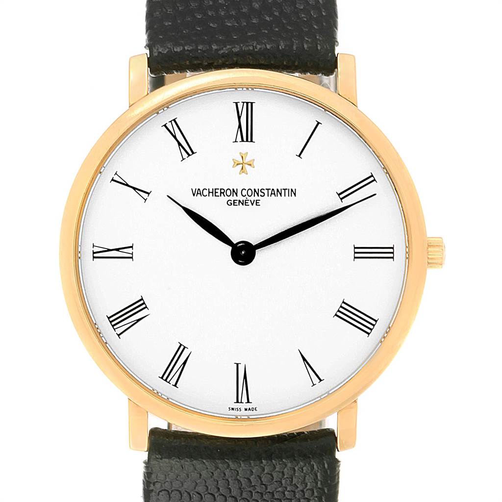 The image shows a front view of a Vacheron Constantin Patrimony 31160 Men's Yellow Gold White Dial 31160 Men's Yellow Gold White Dial watch, displaying the watch face, hands, and part of the leather strap.
