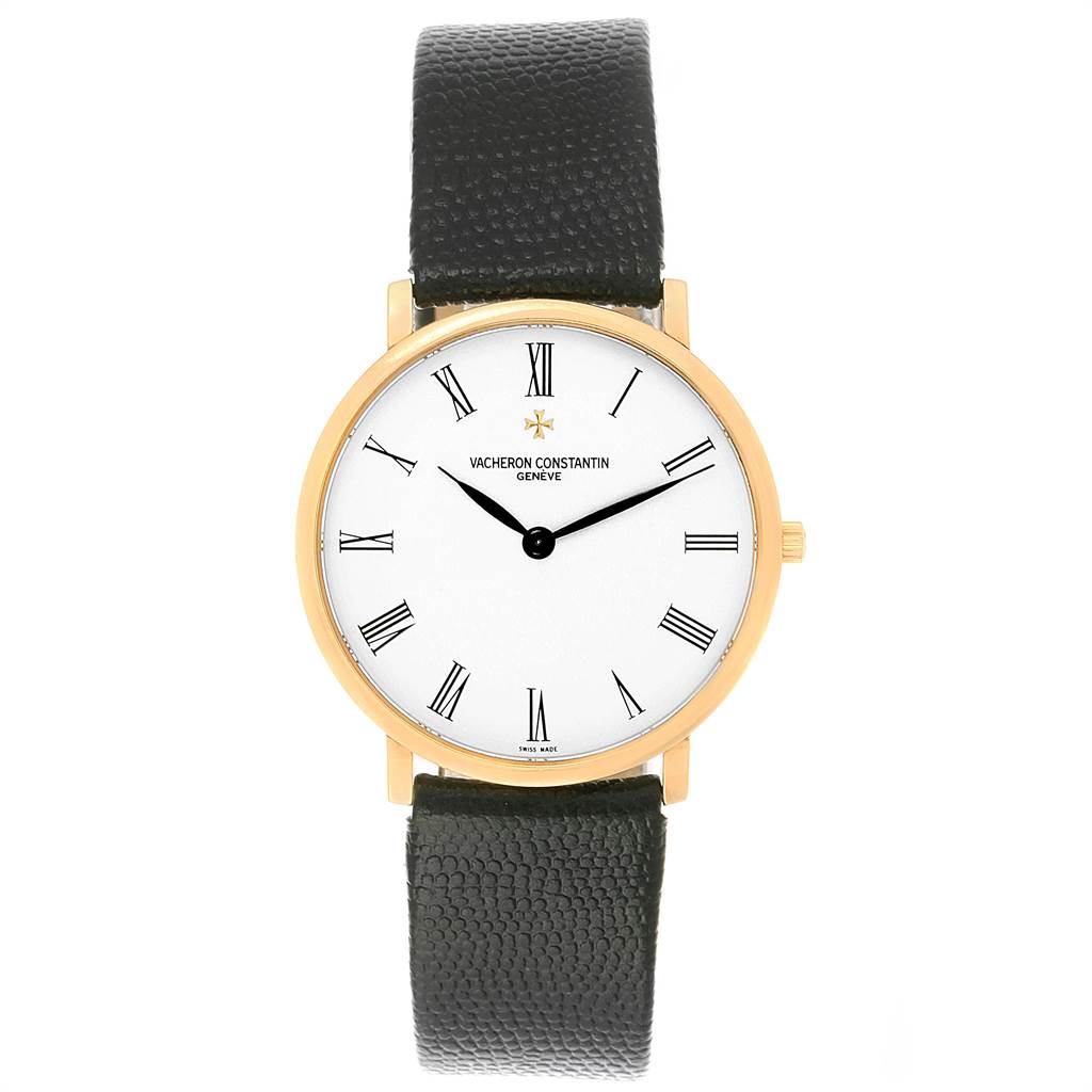 The Vacheron Constantin Patrimony 31160 Men's Yellow Gold White Dial 31160 Men's Yellow Gold White Dial watch is shown from the front, displaying the dial with Roman numerals and the black leather strap.
