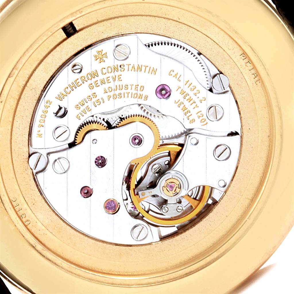 This image shows the back view of the Vacheron Constantin Patrimony 31160 Men's Yellow Gold White Dial 31160 Men's Yellow Gold White Dial watch, highlighting its intricate mechanical movement.