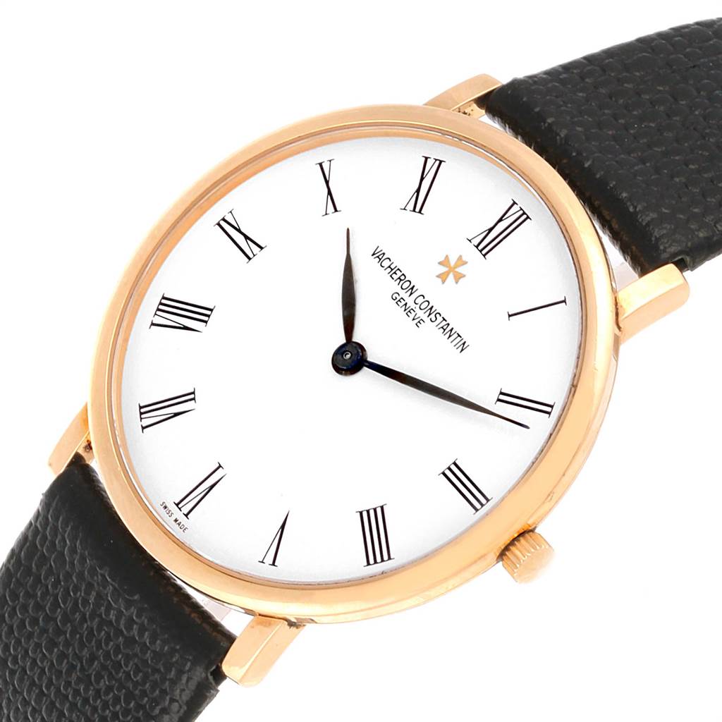 The image shows a Vacheron Constantin Patrimony 31160 Men's Yellow Gold White Dial 31160 Men's Yellow Gold White Dial watch at a slight angle, displaying the face, crown, and part of the black strap.
