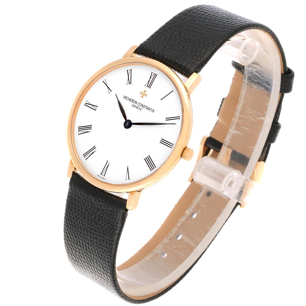 The image shows a Vacheron Constantin Patrimony 31160 Men's Yellow Gold White Dial 31160 Men's Yellow Gold White Dial watch, angled to display the dial, case, and strap.