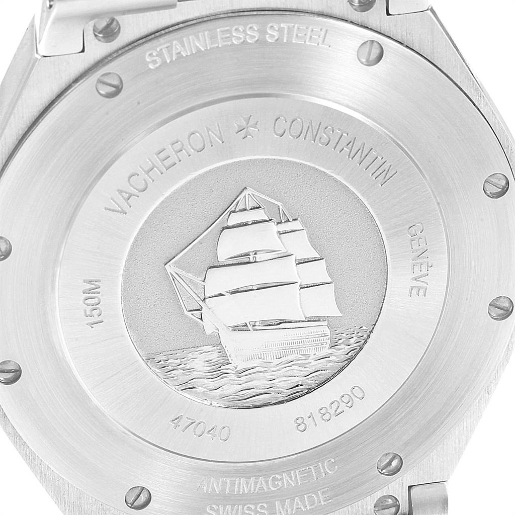 The image shows the back case of the Vacheron Constantin Overseas 47040B01A-9093 Men's Stainless Steel Silver Dial 47040B01A-9093 Men's Stainless Steel Silver Dial watch, featuring a ship engraving and various inscriptions.