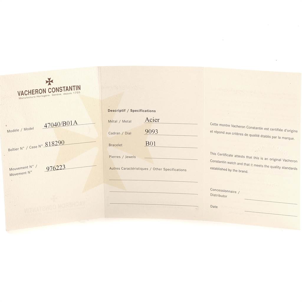 The image shows the certification and specification booklet for a Vacheron Constantin Overseas 47040B01A-9093 Men's Stainless Steel Silver Dial 47040B01A-9093 Men's Stainless Steel Silver Dial model watch.