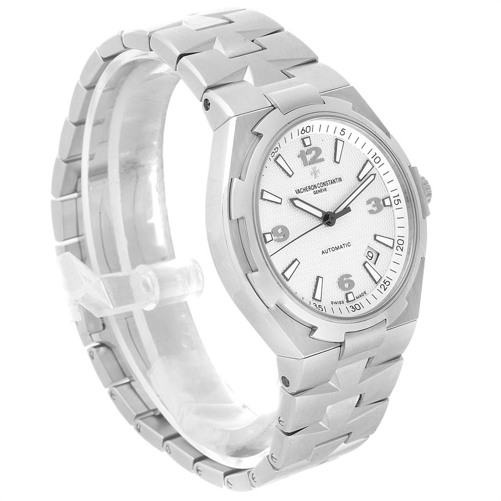 The image shows a Vacheron Constantin Overseas 47040B01A-9093 Men's Stainless Steel Silver Dial 47040B01A-9093 Men's Stainless Steel Silver Dial model watch from an angled perspective, highlighting its dial, bezel, and bracelet.