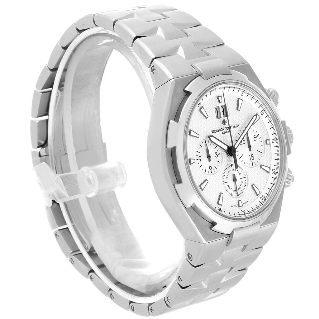 The image shows a Vacheron Constantin Overseas 49150 Men's Stainless Steel Silver Dial 49150 Men's Stainless Steel Silver Dial watch from an angled side view, displaying the bracelet, bezel, and face.