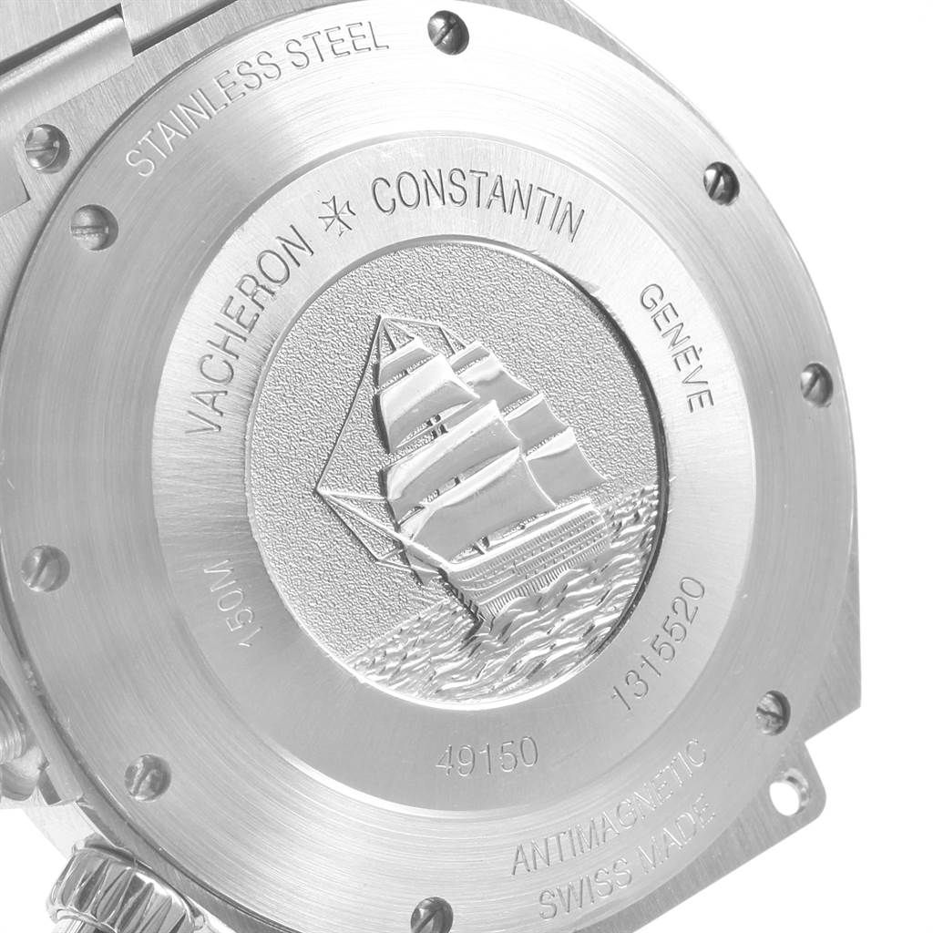 This is the caseback of the Vacheron Constantin Overseas 49150 Men's Stainless Steel Silver Dial 49150 Men's Stainless Steel Silver Dial model, showing engravings and a ship emblem.