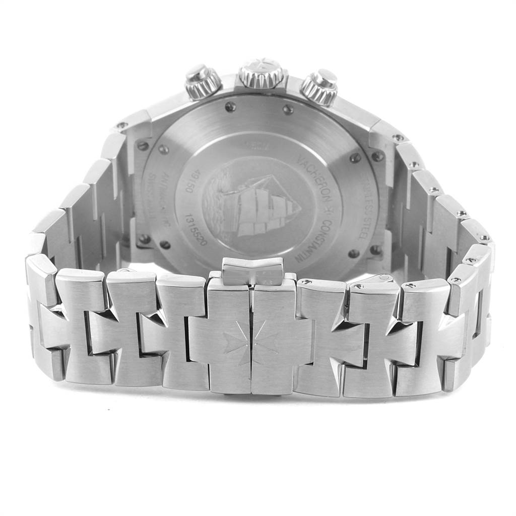 This image shows the back and bracelet of the Vacheron Constantin Overseas 49150 Men's Stainless Steel Silver Dial 49150 Men's Stainless Steel Silver Dial watch, highlighting the clasp and case back details.