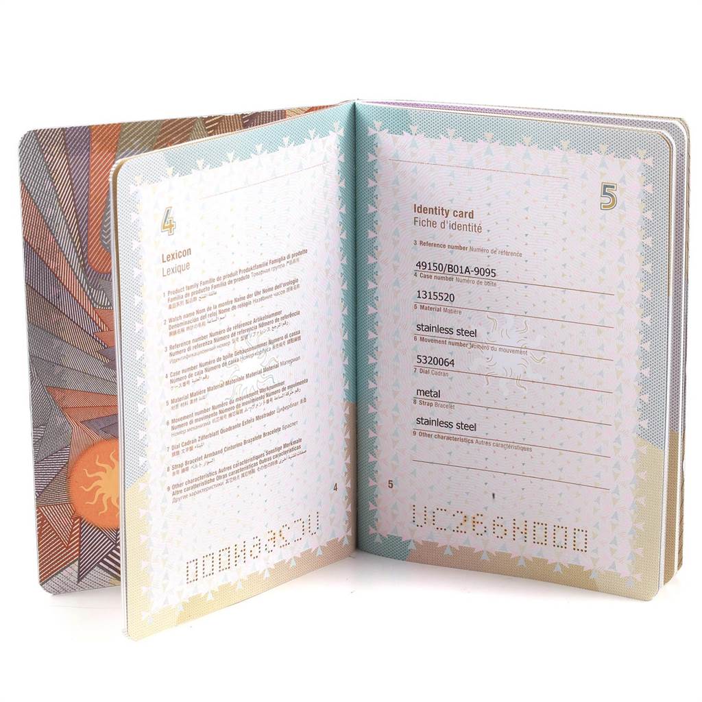 This is an identity card booklet for the Vacheron Constantin Overseas 49150 Men's Stainless Steel Silver Dial 49150 Men's Stainless Steel Silver Dial model watch, showing reference and material details.