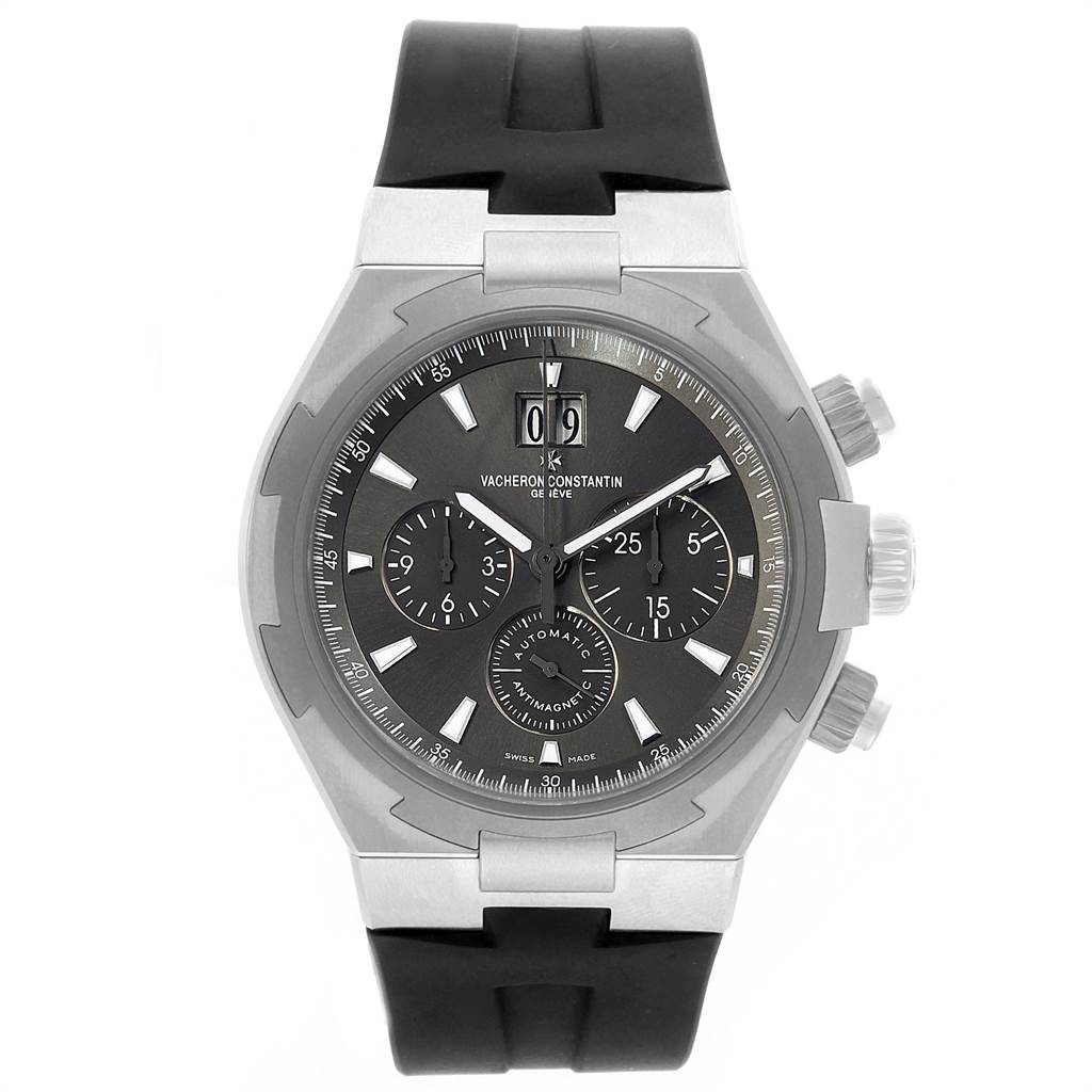 This image shows a frontal view of the Vacheron Constantin Overseas VACHERON CONSTANTIN Men's Stainless Steel Grey Dial VACHERON CONSTANTIN Men's Stainless Steel Grey Dial watch, highlighting its face, subdials, crown, and rubber strap.