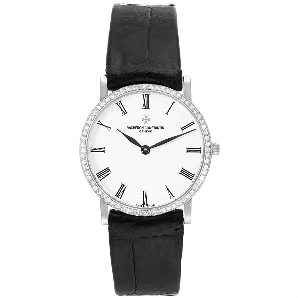 The image shows a front view of the Vacheron Constantin Patrimony 33093 Men's White Gold White Dial 33093 Men's White Gold White Dial watch with a black strap and white dial.