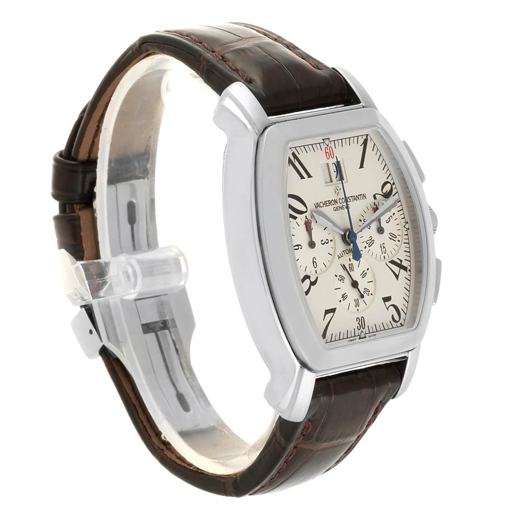 The image shows a side view of the Vintage Vacheron Constantin watch, featuring its face, case, and brown leather strap.