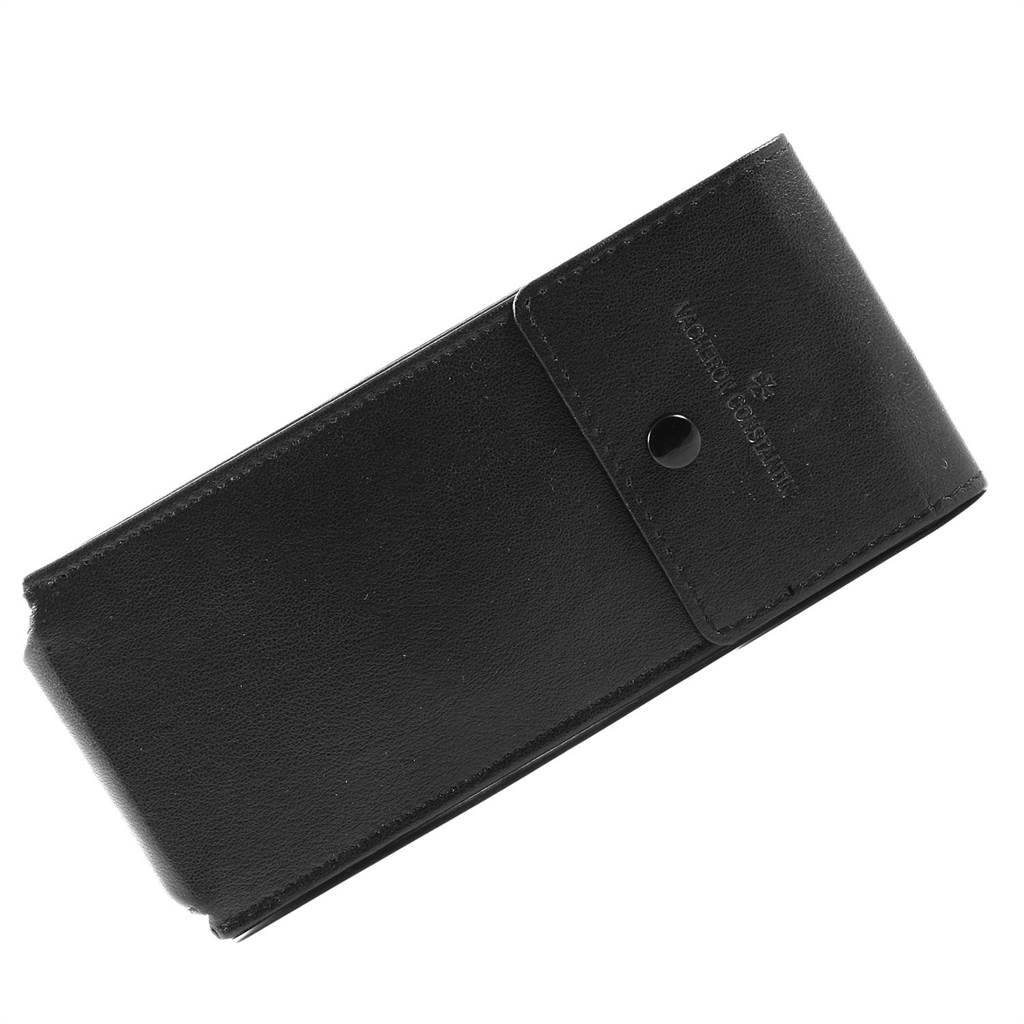 The image shows a black leather watch case with the Vacheron Constantin branding, used for the Vintage model.