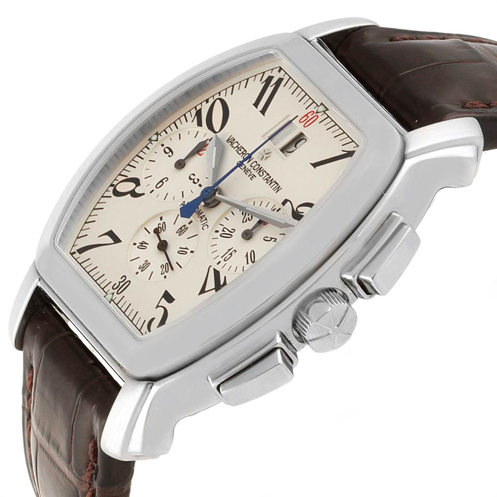 The Vacheron Constantin Vintage model watch is shown at an angle highlighting the face, dial, crown, and leather strap.