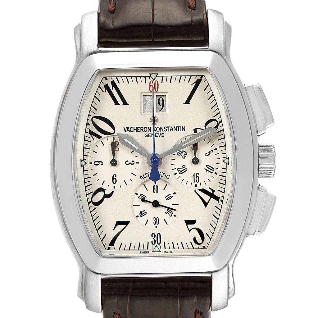 The image shows a front view of the Vacheron Constantin Royal Eagle 49145 Men's Stainless Steel Silver Dial 49145 Men's Stainless Steel Silver Dial watch, highlighting its rectangular face, subdials, and leather strap.