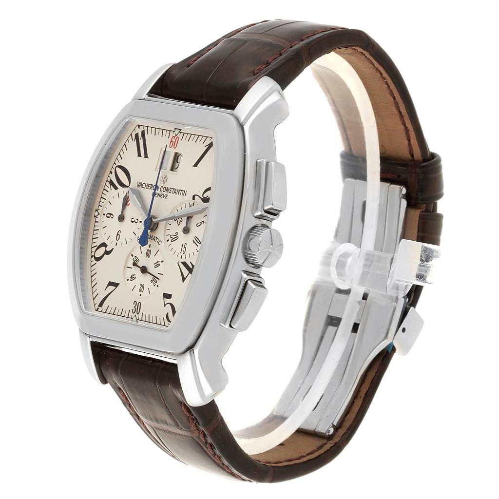 This image shows a side angle of a Vintage Vacheron Constantin watch, highlighting the dial, bezel, crown, pushers, and leather strap.