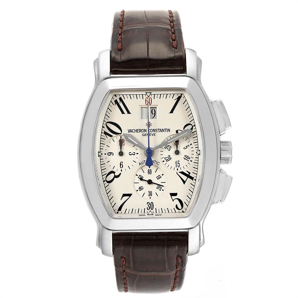 The image shows a front view of a Vacheron Constantin Vintage watch with a brown leather strap and silver case.