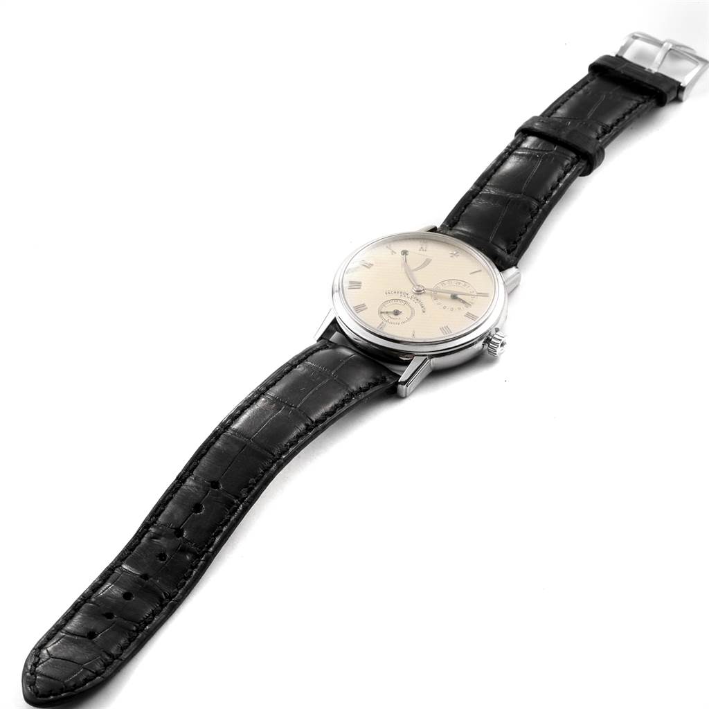 The Vacheron Constantin Patrimony 47200/000G-9019 Men's White Gold Silver Dial 47200/000G-9019 Men's White Gold Silver Dial watch is shown at an angle displaying its face, side, and leather strap.