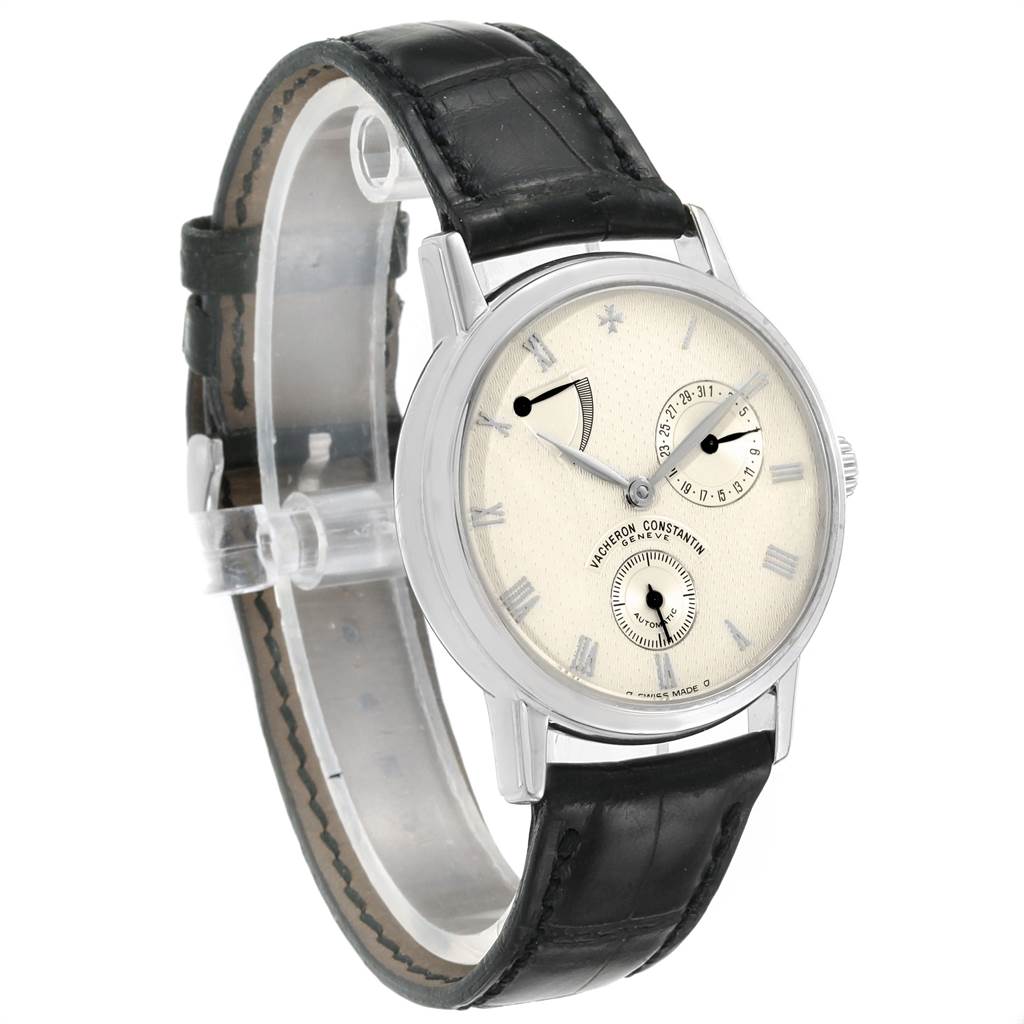 The image shows a Vacheron Constantin Patrimony 47200/000G-9019 Men's White Gold Silver Dial 47200/000G-9019 Men's White Gold Silver Dial watch at an angled view, highlighting the dial, case, and leather strap.