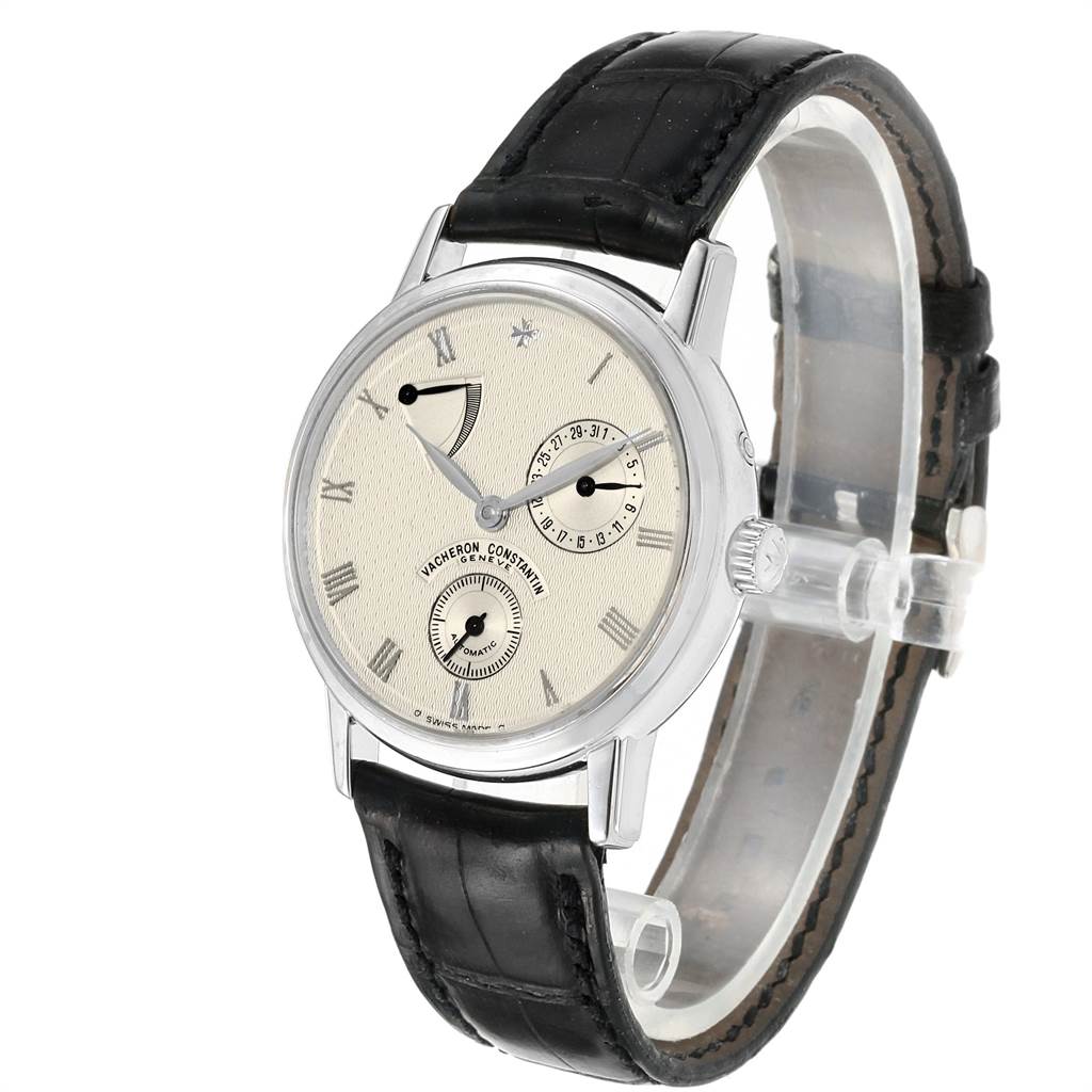 The Vacheron Constantin Patrimony 47200/000G-9019 Men's White Gold Silver Dial 47200/000G-9019 Men's White Gold Silver Dial watch is shown at a three-quarter angle, displaying the dial, crown, and leather strap.