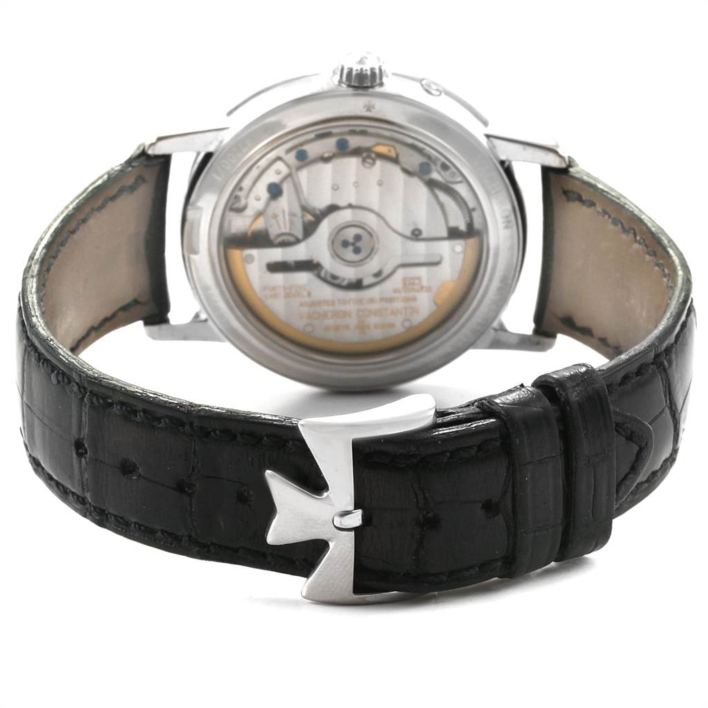 This image shows the back of the Vacheron Constantin Patrimony 47200/000G-9019 Men's White Gold Silver Dial 47200/000G-9019 Men's White Gold Silver Dial watch, highlighting its movement and black leather strap with a distinct buckle.