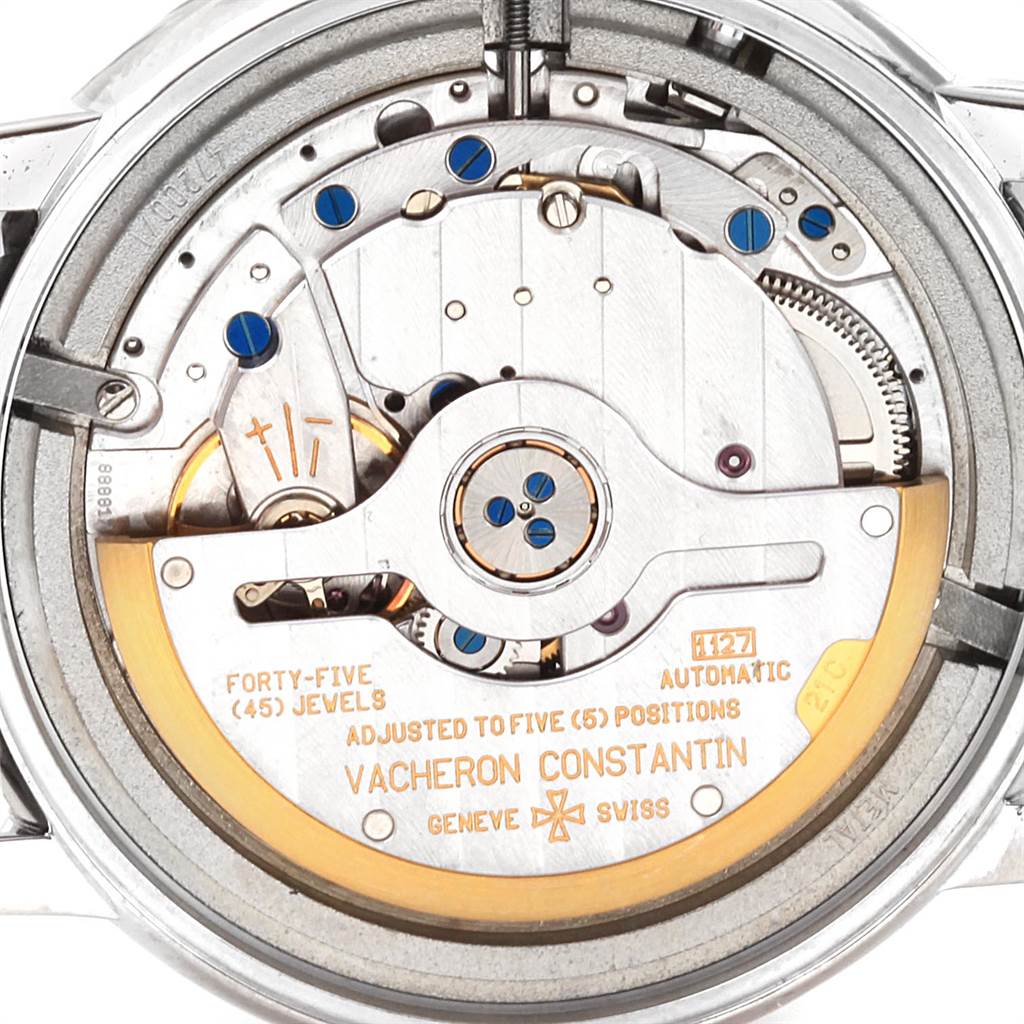The image shows the movement mechanism of the Vacheron Constantin Patrimony 47200/000G-9019 Men's White Gold Silver Dial 47200/000G-9019 Men's White Gold Silver Dial watch from the back.