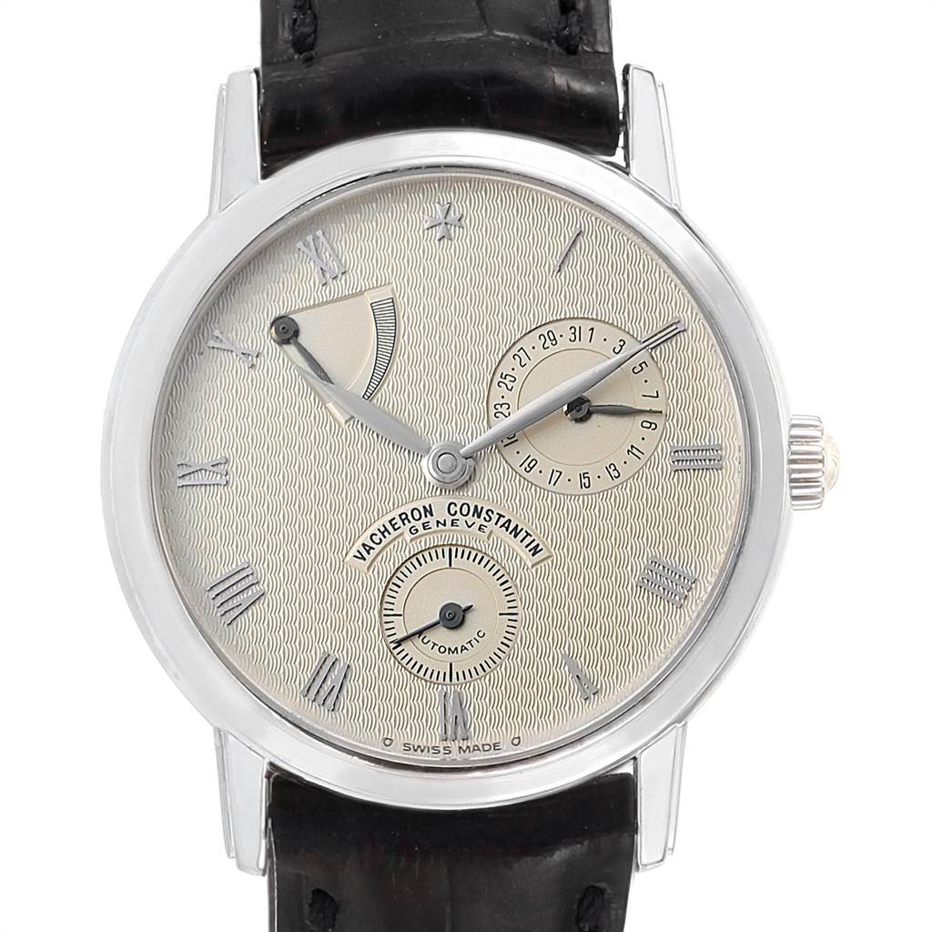 The image shows a front view of the Vacheron Constantin Patrimony 47200/000G-9019 Men's White Gold Silver Dial 47200/000G-9019 Men's White Gold Silver Dial watch, including the dial, hands, and strap.