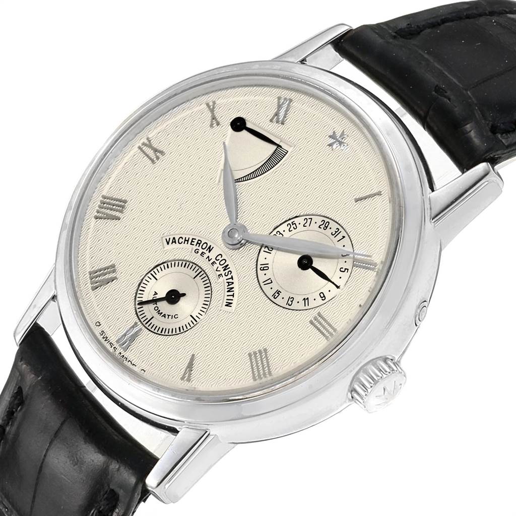 This image shows a Vacheron Constantin Patrimony 47200/000G-9019 Men's White Gold Silver Dial 47200/000G-9019 Men's White Gold Silver Dial watch at an oblique angle, highlighting its dial, subdials, and crown.