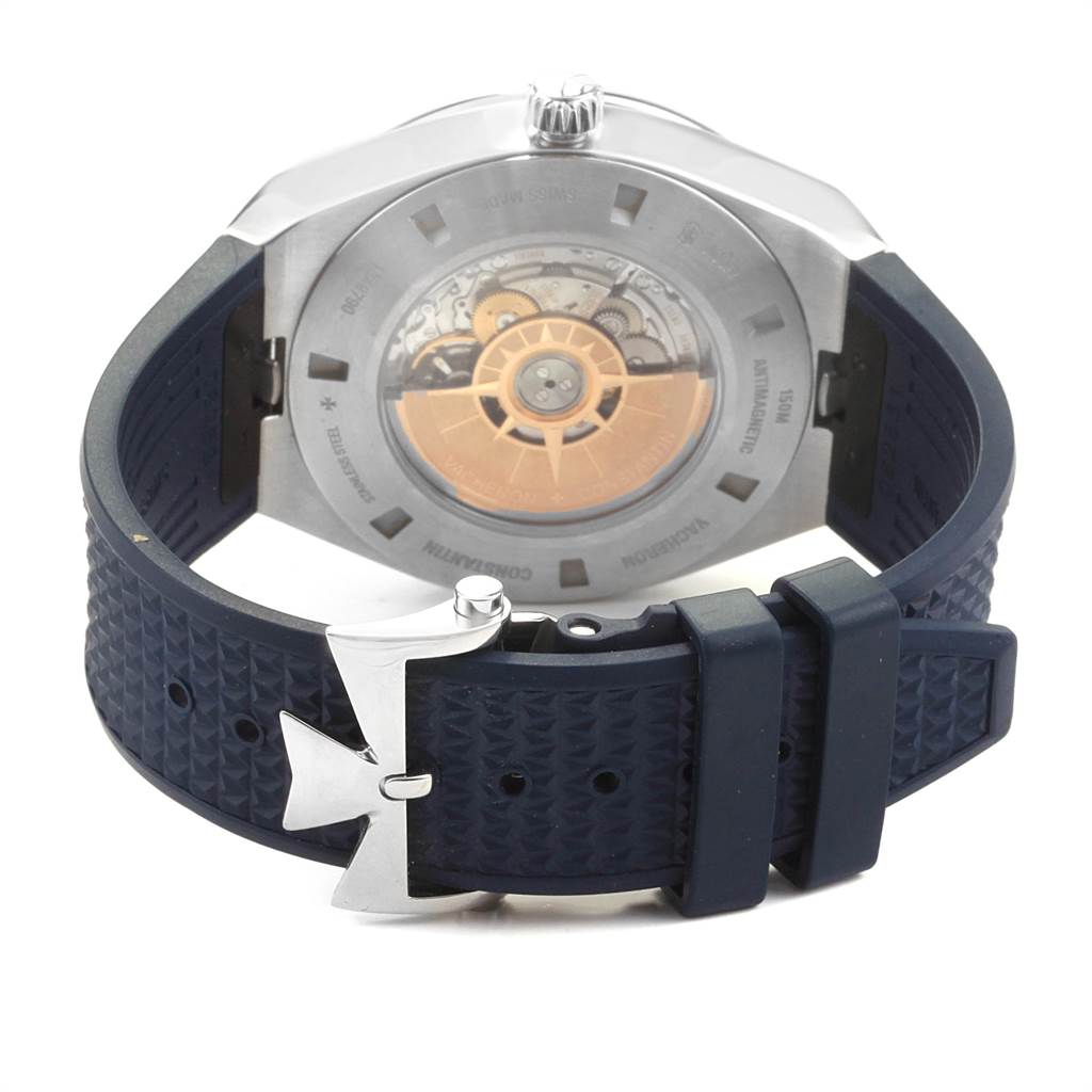 This image shows the back view of a Vacheron Constantin Overseas 7700V/110A-B172 Men's Stainless Steel Blue Dial 7700V/110A-B172 Men's Stainless Steel Blue Dial watch, focusing on the movement and rubber strap with a clasp.