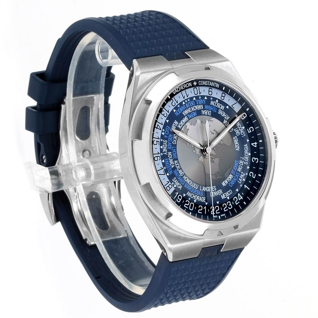The image shows a Vacheron Constantin Overseas 7700V/110A-B172 Men's Stainless Steel Blue Dial 7700V/110A-B172 Men's Stainless Steel Blue Dial watch at an angle highlighting the front dial and blue strap.